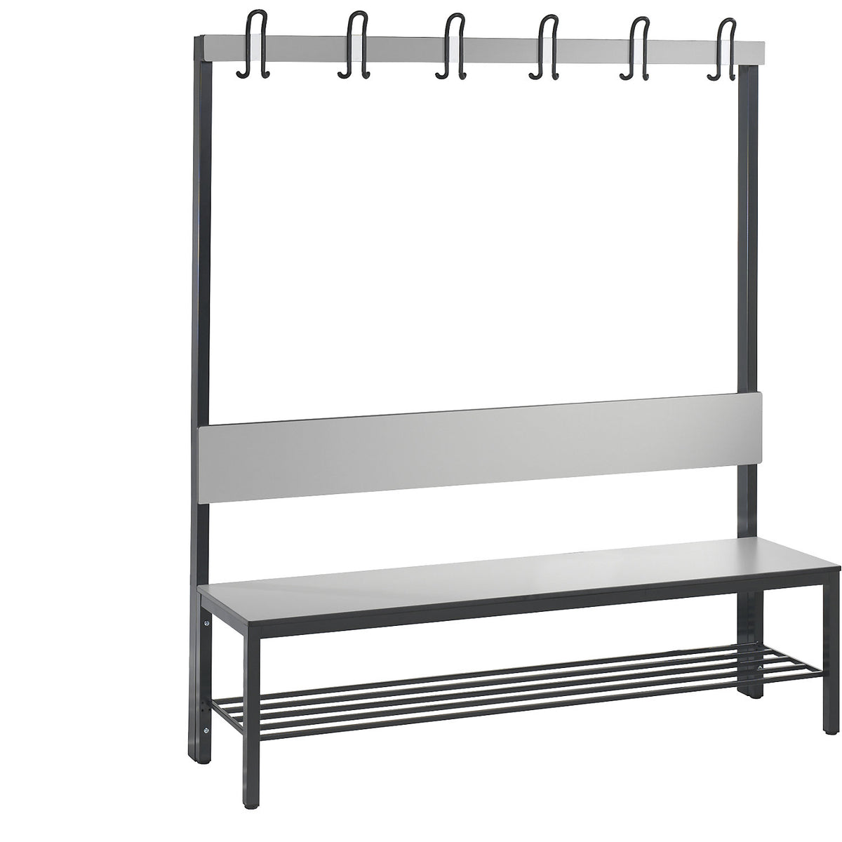COMFORT changing room bench, single sided, HPL, back rest and hook rail, length 1500 mm, silver grey, shoe rack.
