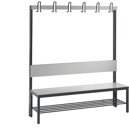 COMFORT changing room bench, single sided, HPL, back rest and hook rail, length 1500 mm, silver grey, shoe rack.
