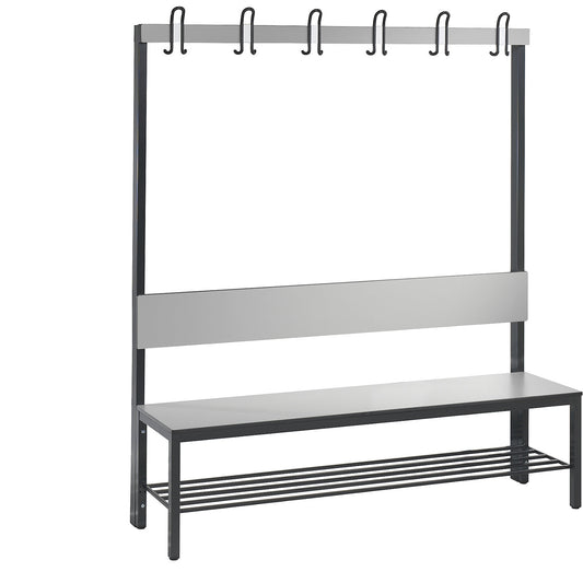 COMFORT changing room bench, single sided, HPL, back rest and hook rail, length 1500 mm, silver grey, shoe rack.