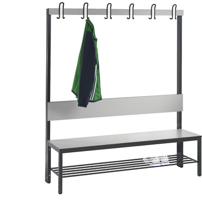 COMFORT changing room bench, single sided, HPL, back rest and hook rail, length 1500 mm, silver grey, shoe rack.