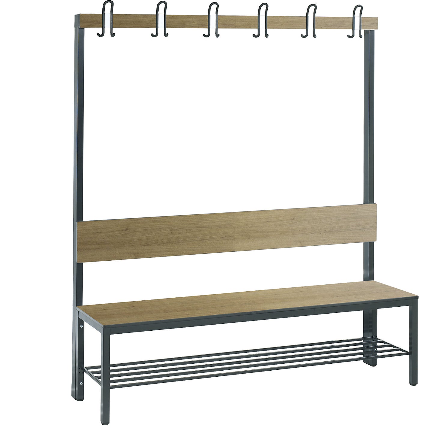 COMFORT changing room bench, single sided, HPL, back rest and hook rail, length 1500 mm, oak finish, shoe rack.