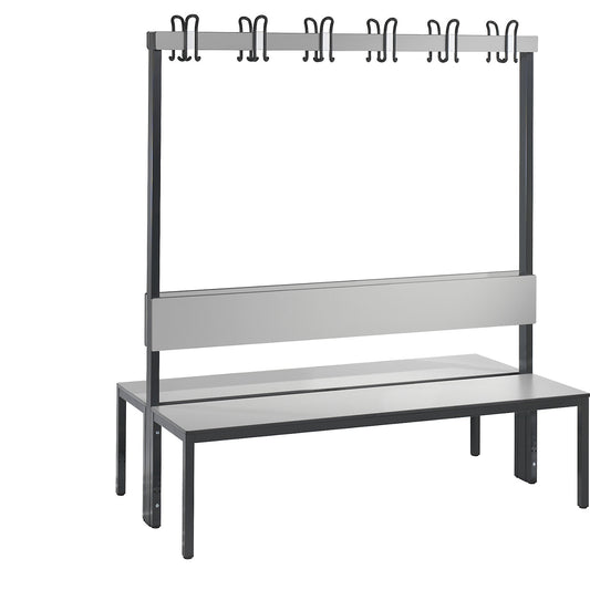 COMFORT changing room bench, double sided, HPL, back rest and hook rail, length 1500 mm, silver grey.