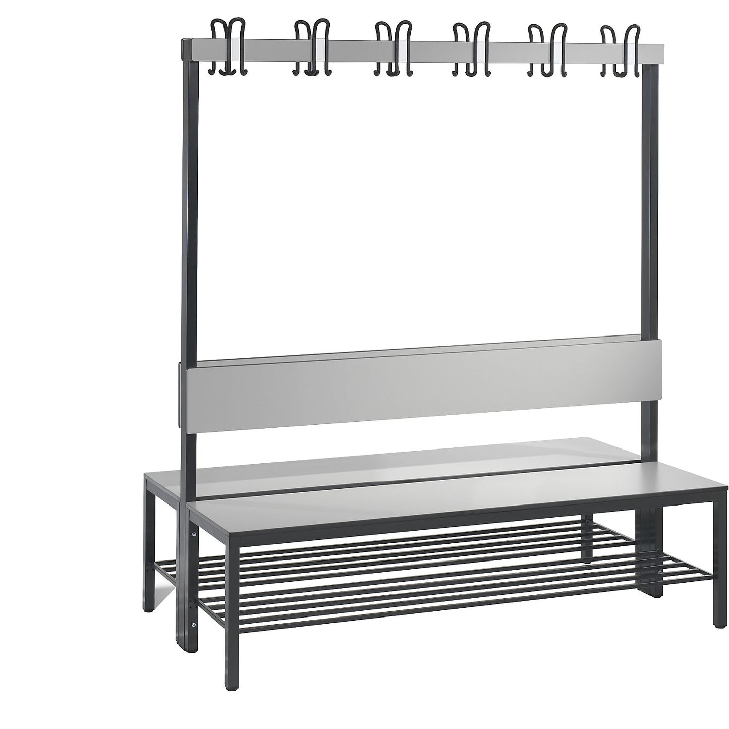 COMFORT changing room bench, double sided, HPL, back rest and hook rail, length 1500 mm, silver grey, shoe rack.