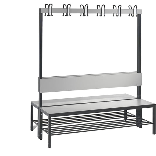 COMFORT changing room bench, double sided, HPL, back rest and hook rail, length 1500 mm, silver grey, shoe rack.