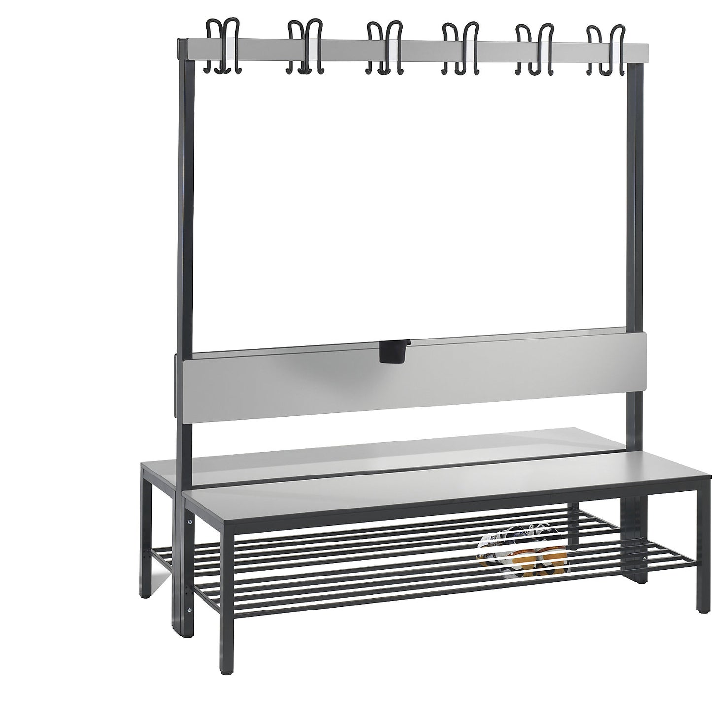 COMFORT changing room bench, double sided, HPL, back rest and hook rail, length 1500 mm, silver grey, shoe rack.