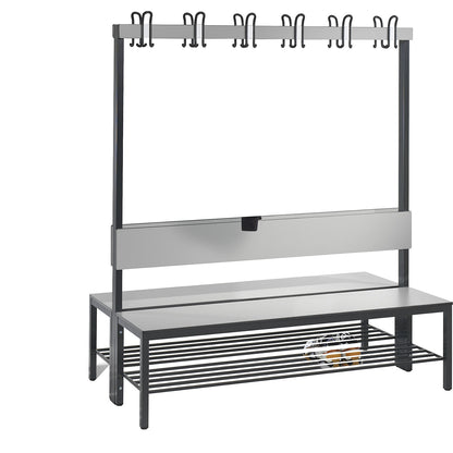 COMFORT changing room bench, double sided, HPL, back rest and hook rail, length 1500 mm, silver grey, shoe rack.