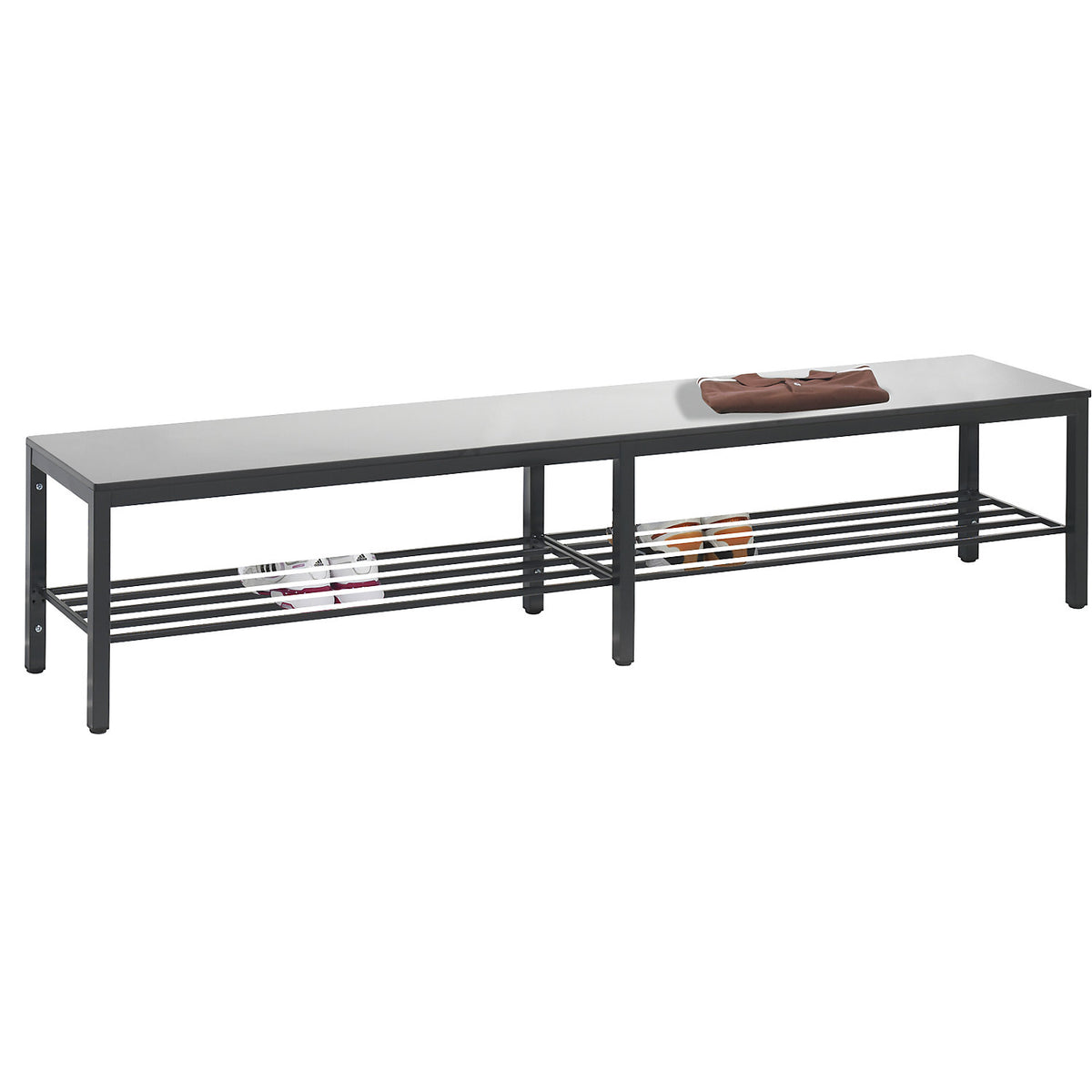 COMFORT changing room bench, HPL seat surface, length 1960 mm, silver grey, shoe rack.