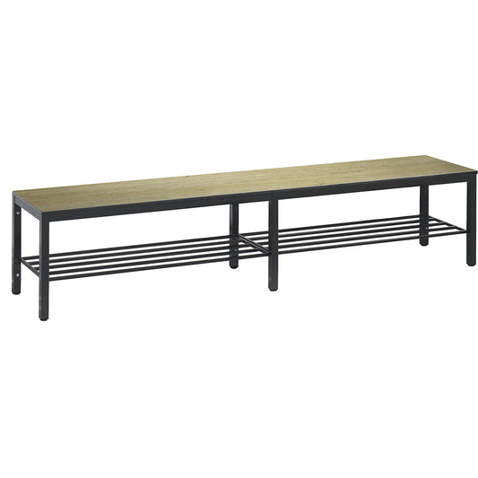COMFORT changing room bench, HPL seat surface, length 1960 mm, oak finish, shoe rack.