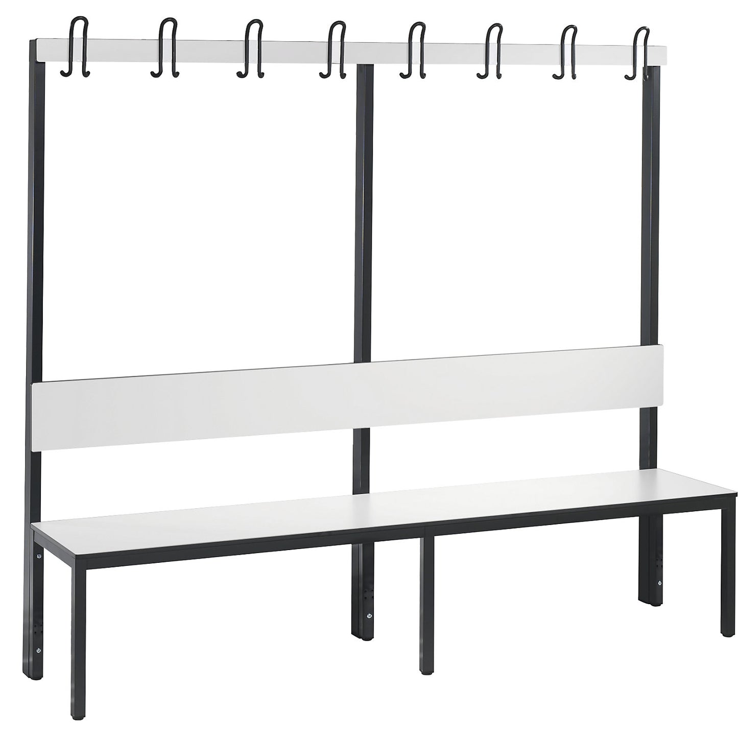 COMFORT changing room bench, single sided, HPL, back rest and hook rail, length 1960 mm, white.