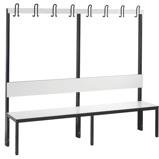 COMFORT changing room bench, single sided, HPL, back rest and hook rail, length 1960 mm, white.