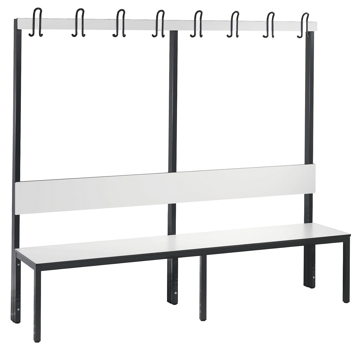 COMFORT changing room bench, single sided, HPL, back rest and hook rail, length 1960 mm, white.
