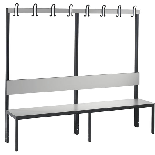 COMFORT changing room bench, single sided, HPL, back rest and hook rail, length 1960 mm, silver grey.