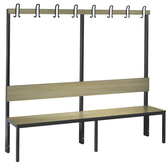 COMFORT changing room bench, single sided, HPL, back rest and hook rail, length 1960 mm, oak finish.