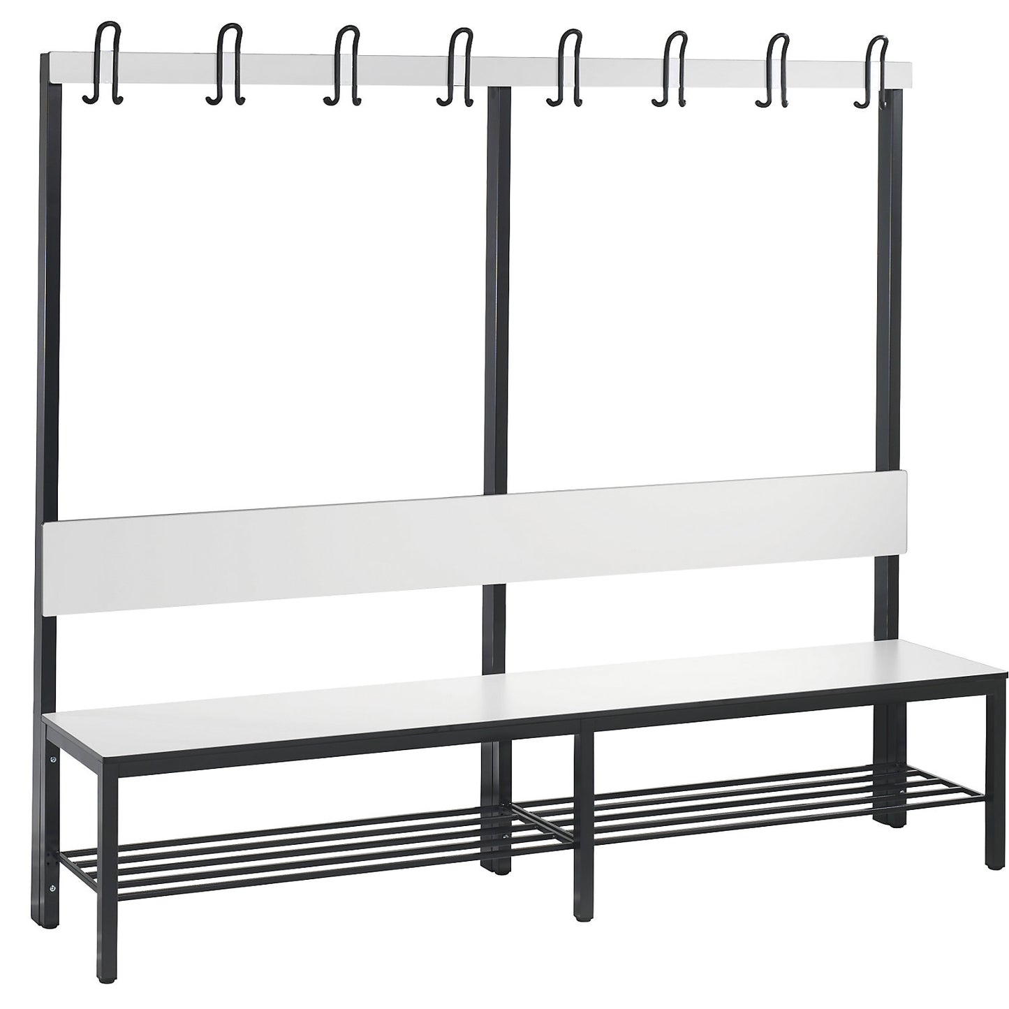 COMFORT changing room bench, single sided, HPL, back rest and hook rail, length 1960 mm, white, shoe rack.
