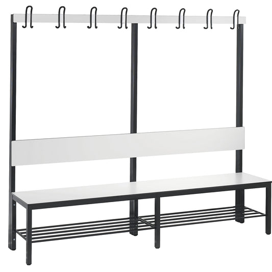 COMFORT changing room bench, single sided, HPL, back rest and hook rail, length 1960 mm, white, shoe rack.