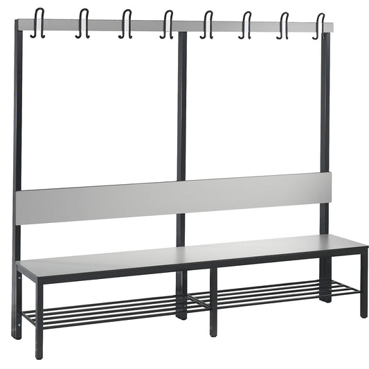 COMFORT changing room bench, single sided, HPL, back rest and hook rail, length 1960 mm, silver grey, shoe rack.