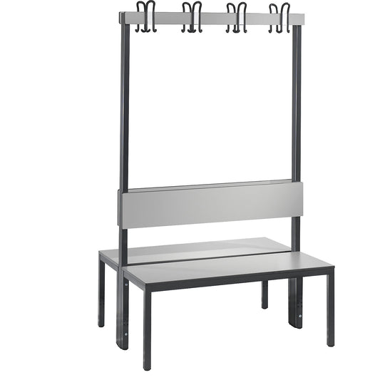 COMFORT changing room bench, double sided, HPL, back rest and hook rail, length 1000 mm, silver grey.