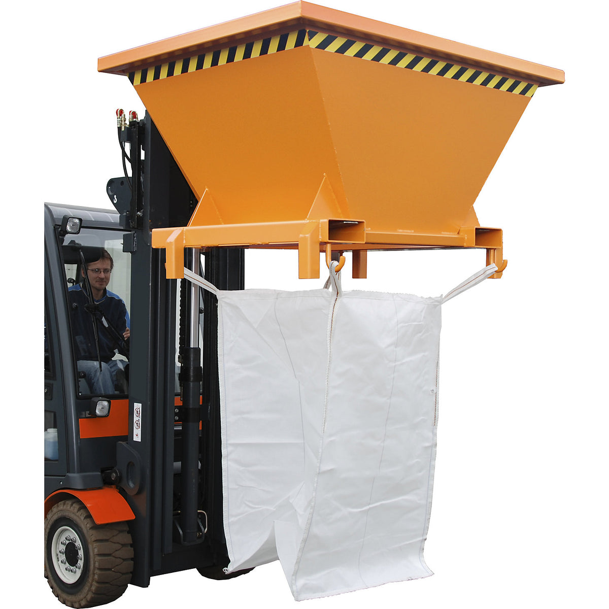 Filling hopper, LxWxH 1320 x 1710 x 990 mm, with support feet, yellow orange.