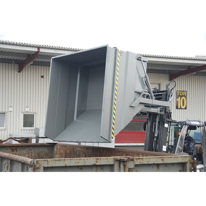 XXL tilting skip with positioning aid, capacity 2 m³, with hydraulics, yellow orange.