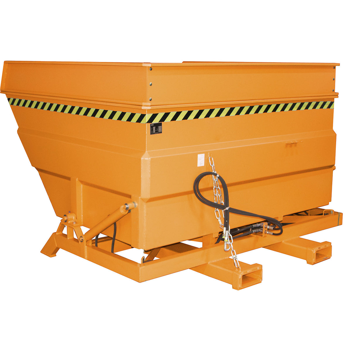 XXL tilting skip with positioning aid, Volume 4 m³, with stacking frame and hydraulics, yellow orange.