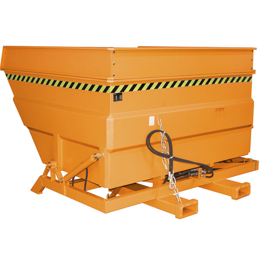 XXL tilting skip with positioning aid, Volume 4 m³, with stacking frame and hydraulics, yellow orange.