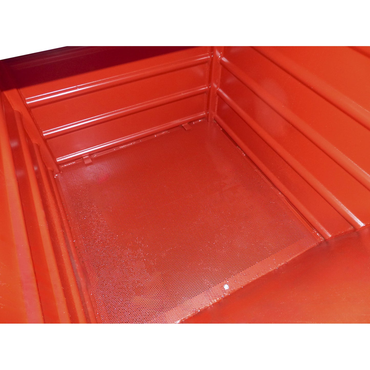 BSL stacking tilting skip for metal swarf with perforated base, capacity 0.3 m³, flame red.