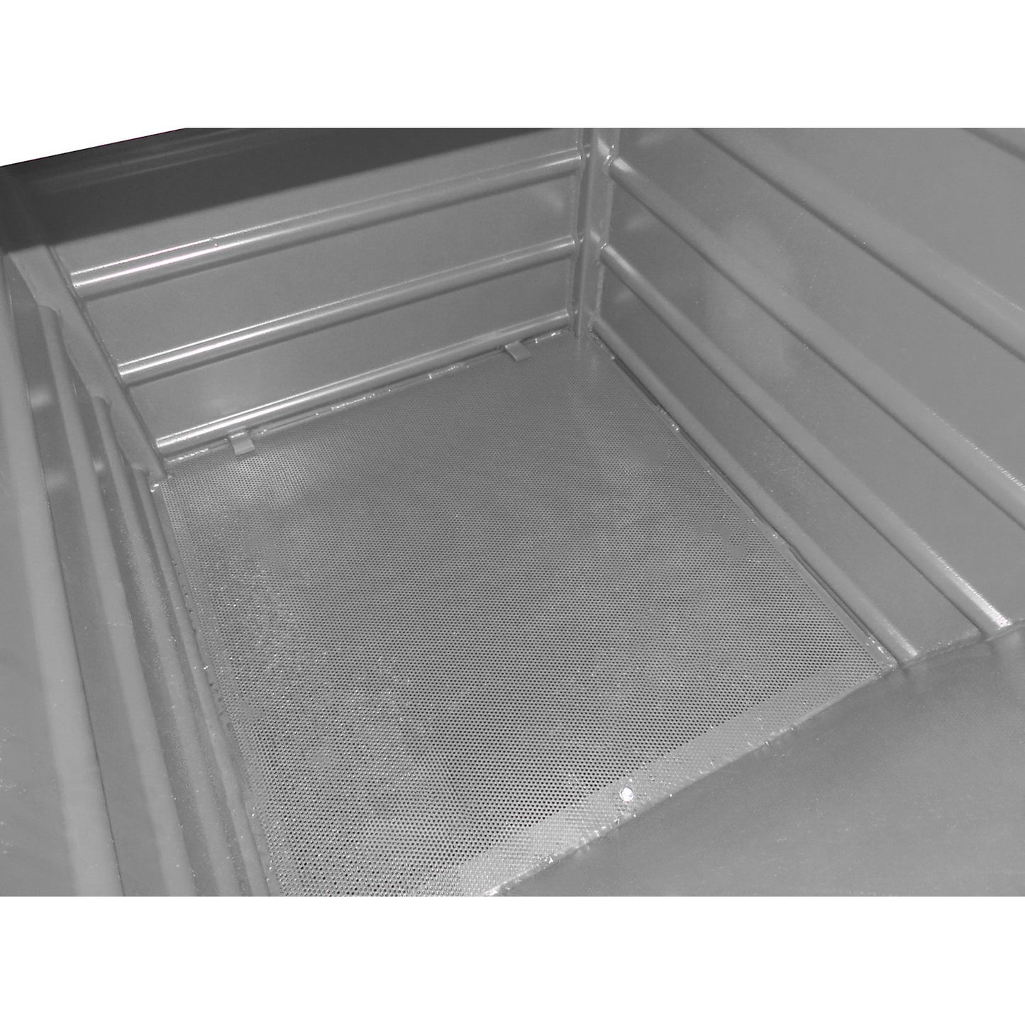 BSL stacking tilting skip for metal swarf with perforated base, capacity 0.9 m³, mouse grey.