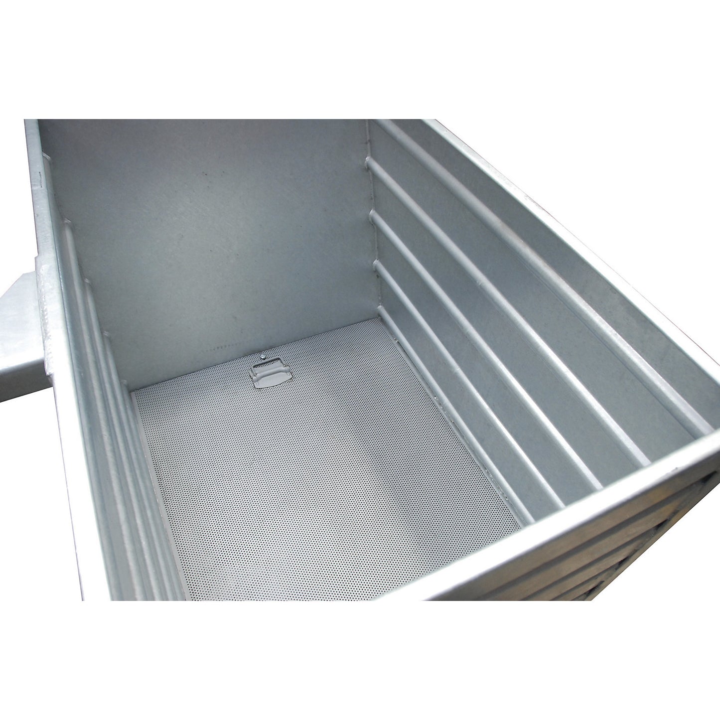 BSL stacking tilting skip for metal swarf with perforated base, capacity 0.55 m³, flame red.