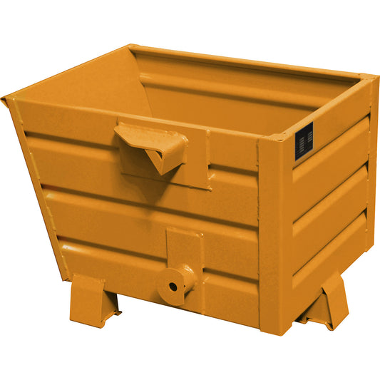 BSS stacking tilting skip for metal swarf with sieve plate insert, capacity 0.3 m³, yellow orange.