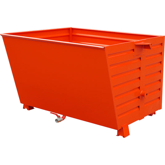 BSS stacking tilting skip for metal swarf with sieve plate insert, capacity 1.5 m³, flame red.