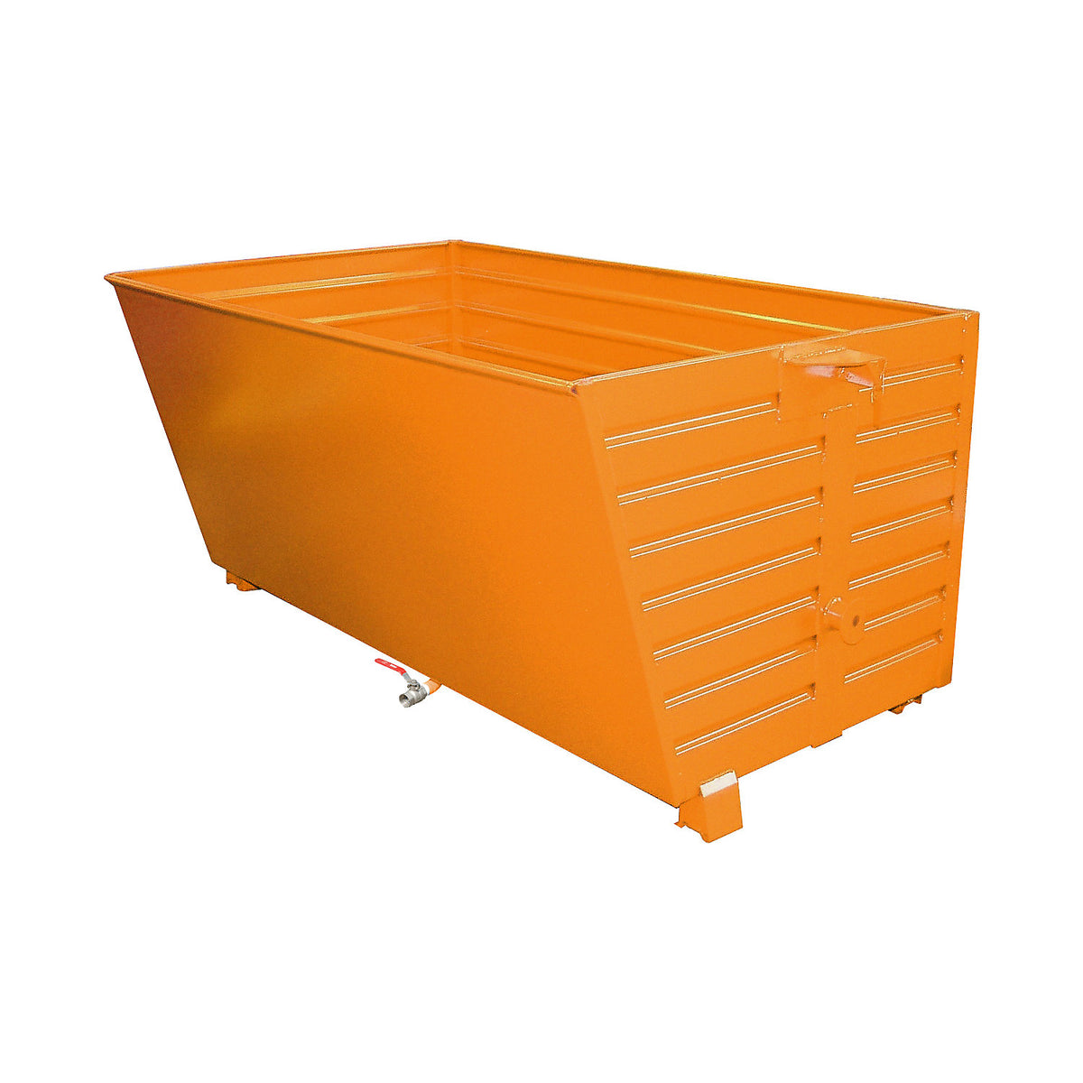 BSS stacking tilting skip for metal swarf with sieve plate insert, capacity 2 m³, yellow orange.