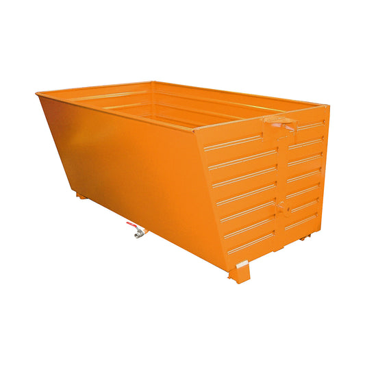 BSS stacking tilting skip for metal swarf with sieve plate insert, capacity 2 m³, yellow orange.