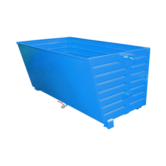 BSS stacking tilting skip for metal swarf with sieve plate insert, capacity 2 m³, light blue.