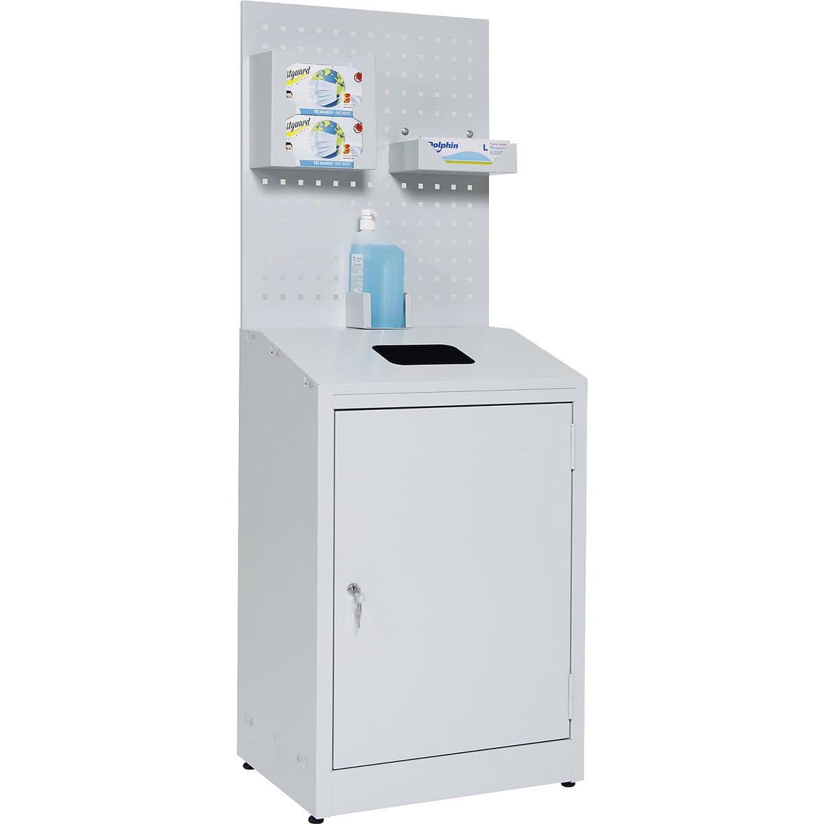 Hygiene station with perforated wall, HxWxD 1480 x 550 x 400 mm, light grey.