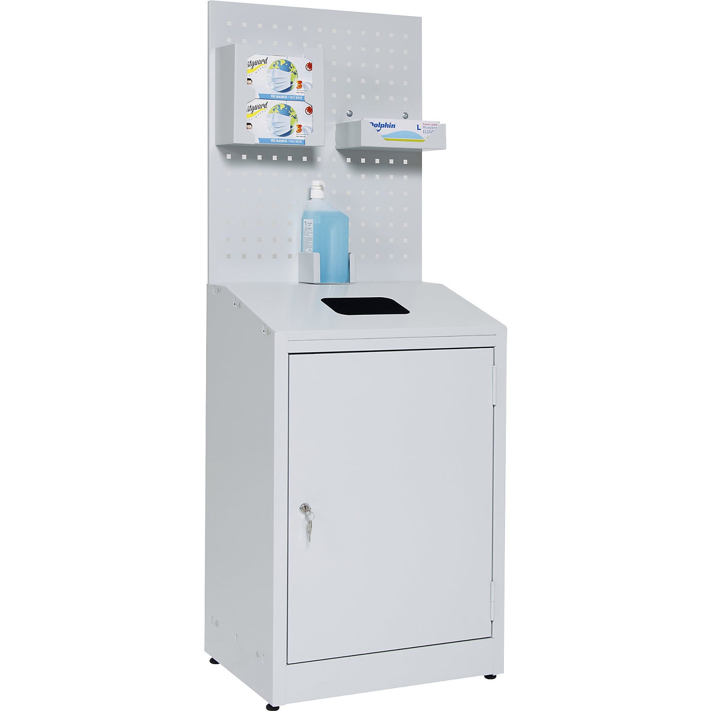 Hygiene station with perforated wall, HxWxD 1480 x 550 x 400 mm, light grey.