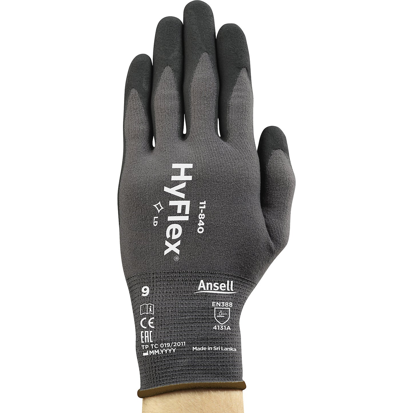 HyFlex® 11-840 work gloves, black, pack of 12 pairs, size 9.