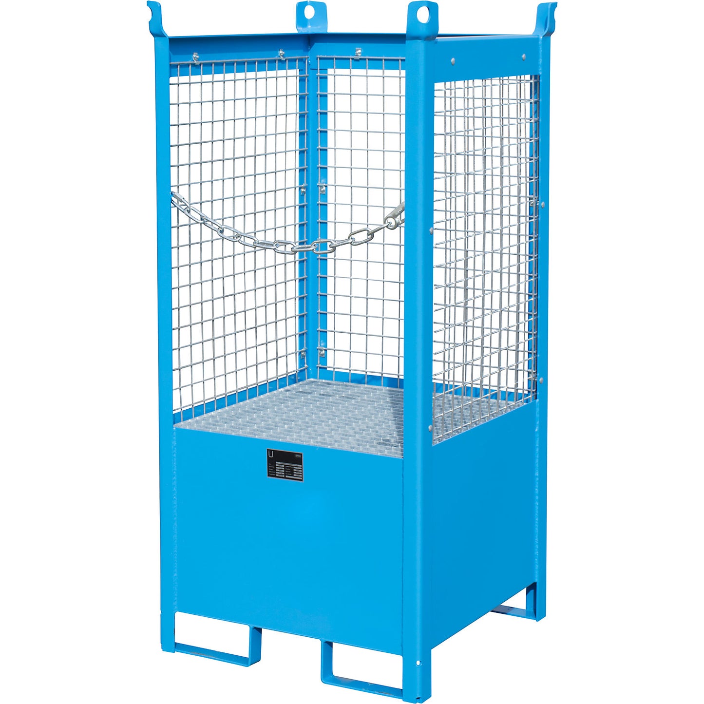 Storage and transport pallet with sump tray, 3 mesh panels, for 1 x 200 l drum, blue.