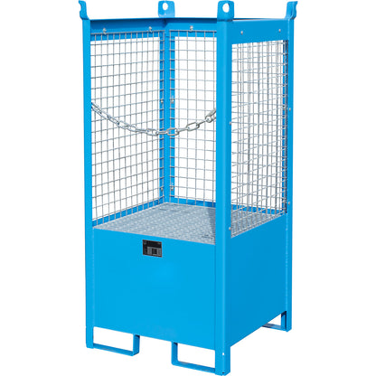 Storage and transport pallet with sump tray, 3 mesh panels, for 1 x 200 l drum, blue.