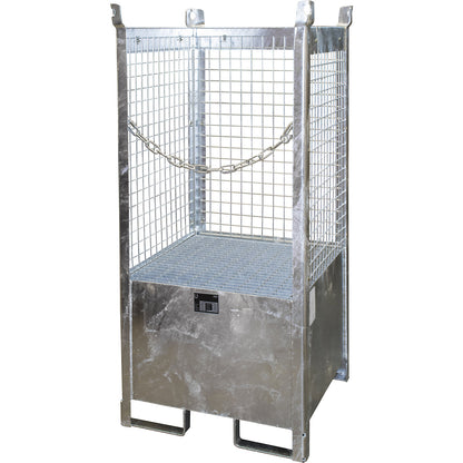 Storage and transport pallet with sump tray, 3 mesh panels, for 1 x 200 l drum, zinc plated.