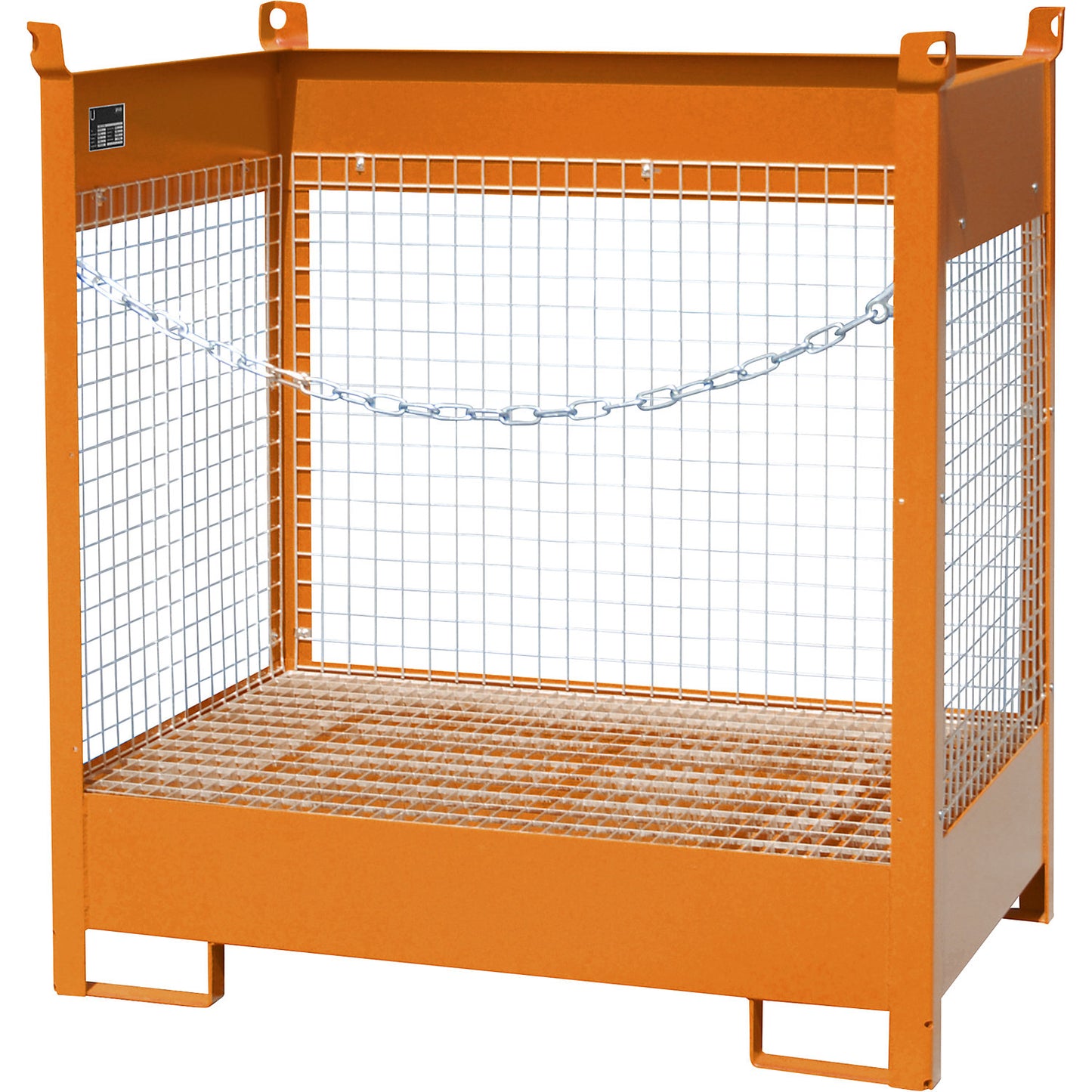 Storage and transport pallet with sump tray, 3 mesh panels, for 2 x 200 l drums, orange.