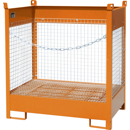 Storage and transport pallet with sump tray, 3 mesh panels, for 2 x 200 l drums, orange.