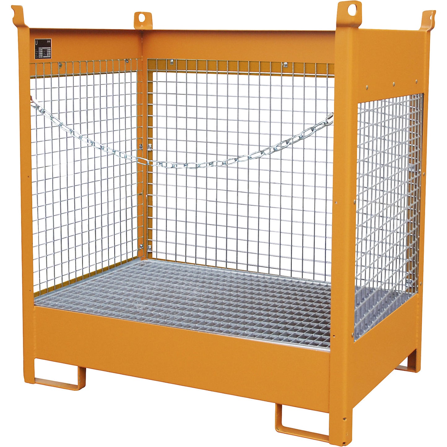 Storage and transport pallet with sump tray, 3 mesh panels, for 2 x 200 l drums, orange.