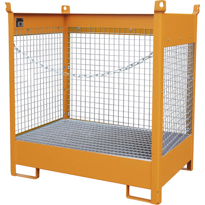 Storage and transport pallet with sump tray, 3 mesh panels, for 2 x 200 l drums, orange.