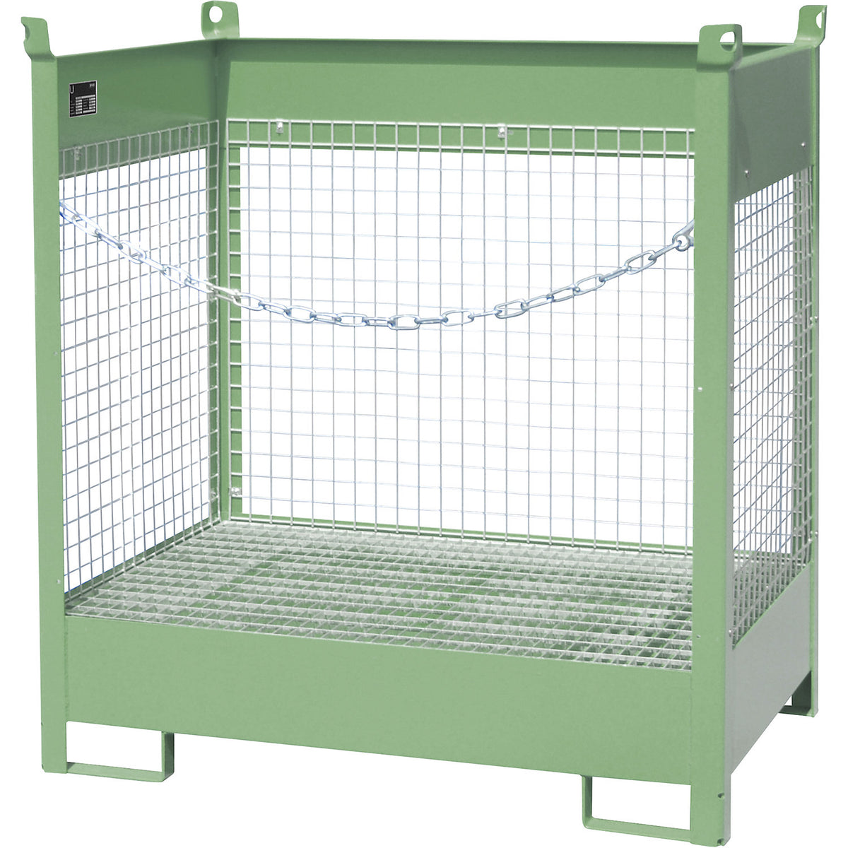 Storage and transport pallet with sump tray, 3 mesh panels, for 2 x 200 l drums, green.