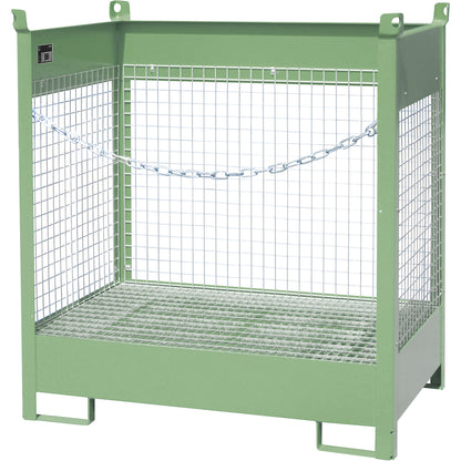 Storage and transport pallet with sump tray, 3 mesh panels, for 2 x 200 l drums, green.
