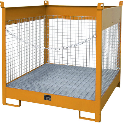 Storage and transport pallet with sump tray, 3 mesh panels, for 4 x 200 l drums, orange.