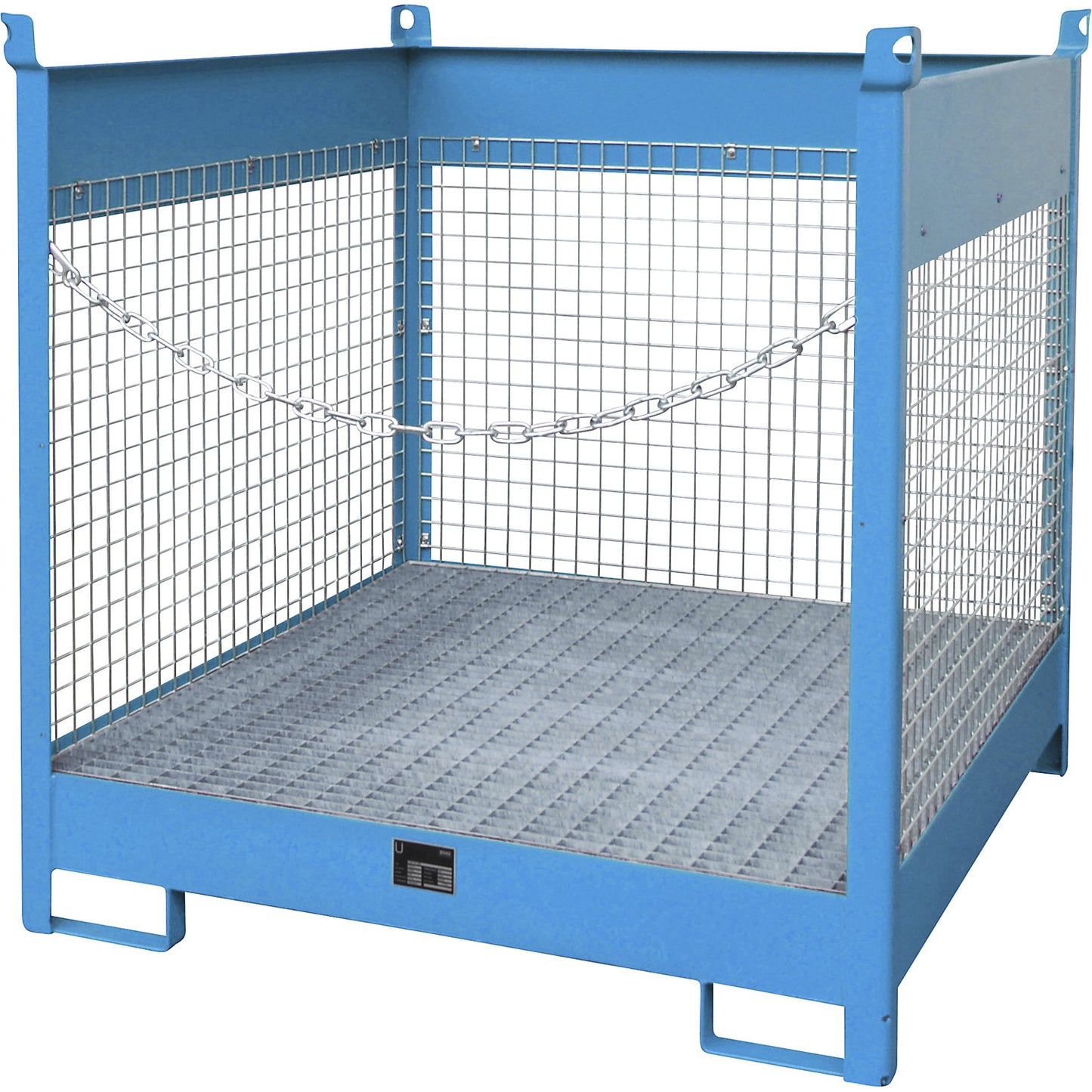 Storage and transport pallet with sump tray, 3 mesh panels, for 4 x 200 l drums, blue.