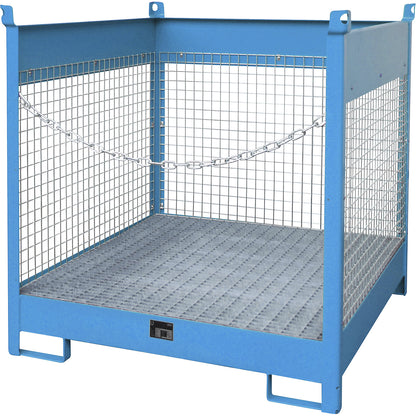 Storage and transport pallet with sump tray, 3 mesh panels, for 4 x 200 l drums, blue.