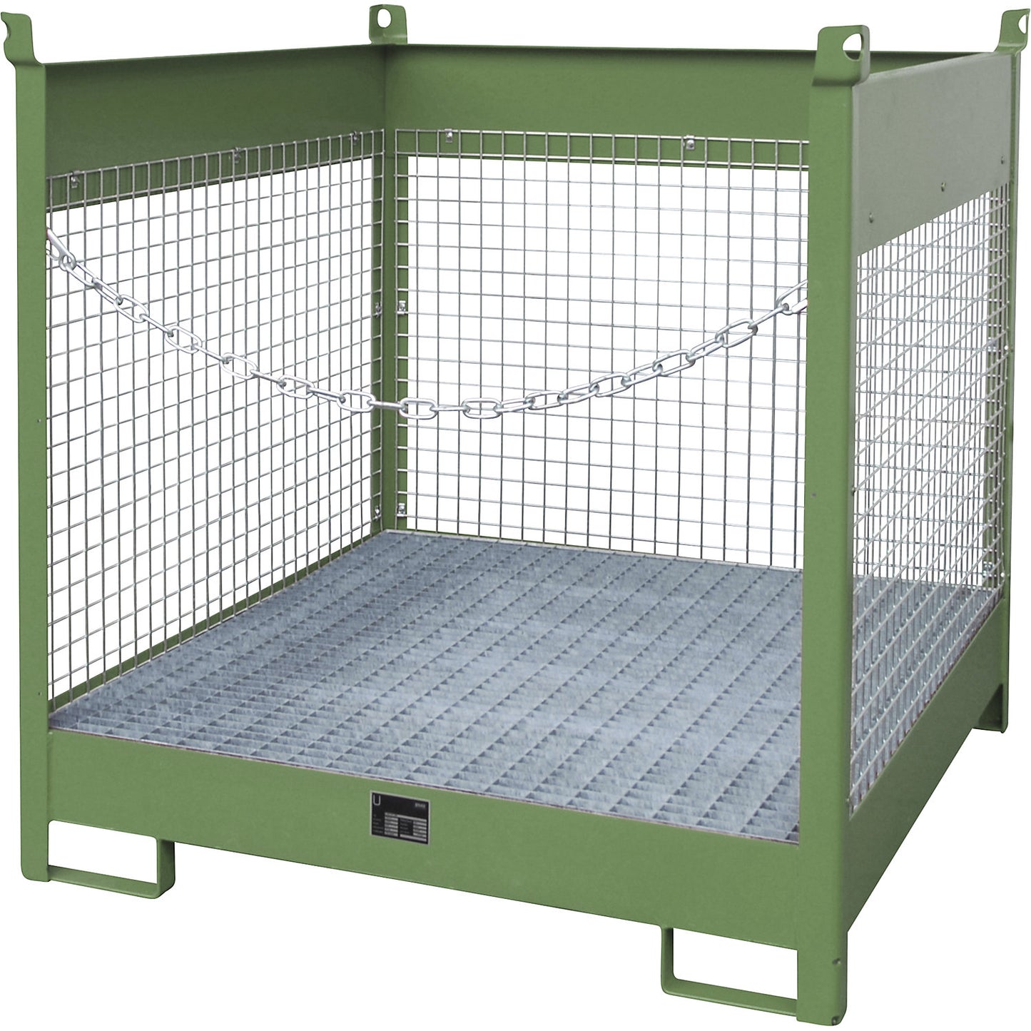 Storage and transport pallet with sump tray, 3 mesh panels, for 4 x 200 l drums, green.