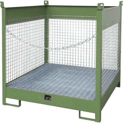 Storage and transport pallet with sump tray, 3 mesh panels, for 4 x 200 l drums, green.